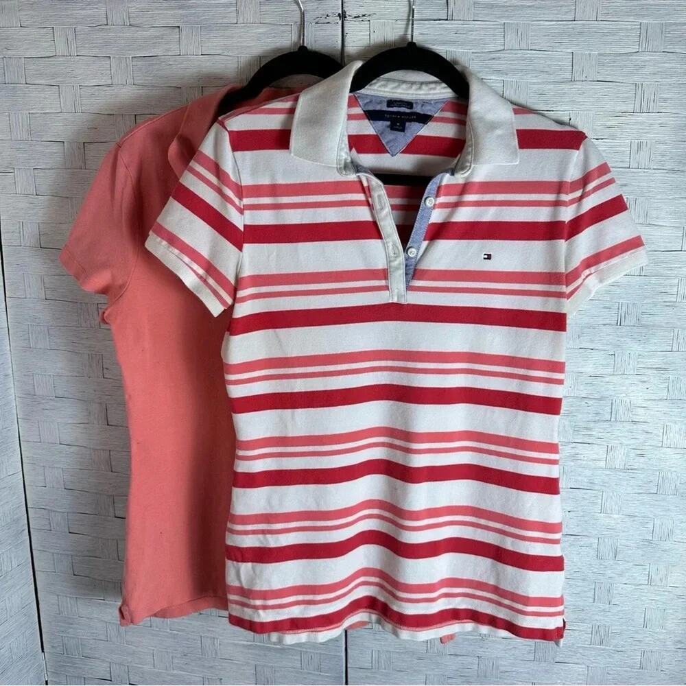 Tommy Hilfiger 2  Polo Shirt 1 pink,‎ and white striped 1 peachy pink preppy